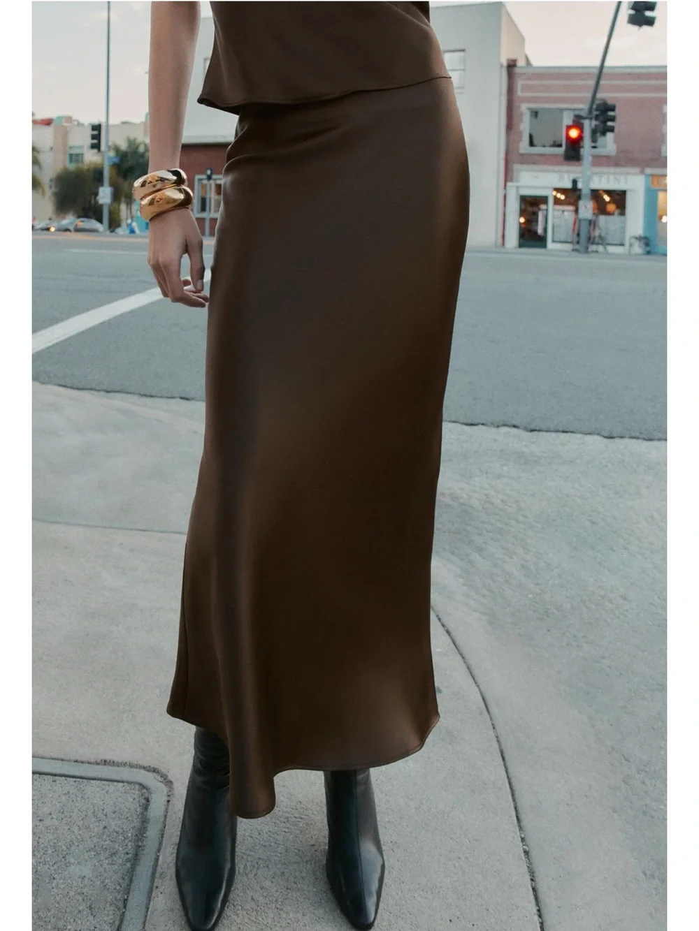 Zara Chocolate Brown Satin Midi Skirt